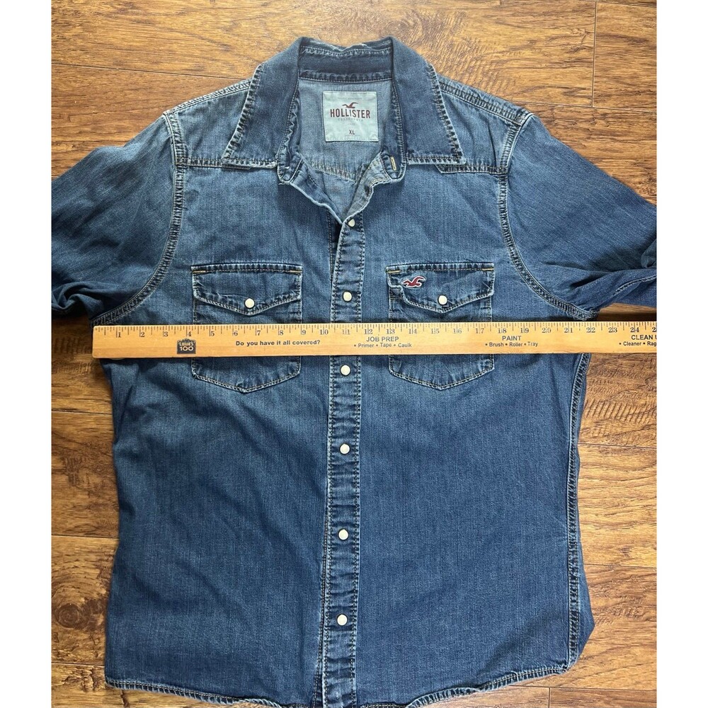 Hollister Western Shirt Mens Sz XL Faded Blue Denim Pearl Snap Cowboycore Y2K - Picture 6 of 7
